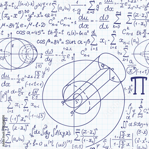 Math vector seamless pattern with handwritten mathematical and physics figures, formulas and equations, white copybook paper