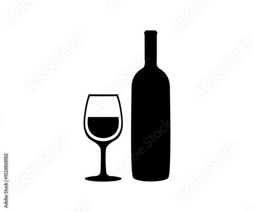 Wine bottle with wine glass silhouette icon. Minimalist wine bottle and glass icon vector design and illustration.
