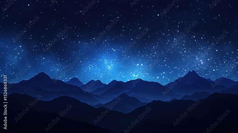 Naklejka premium A serene night sky filled with stars over a silhouette of mountains. The main colors are deep blue and black.