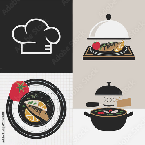 vector icons cooking food chef hat include a pizza slice, a sushi roll, spaghetti and meatballs, a curry bowl burger , fish 
