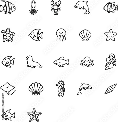 Cute Marine Life Outline Icons - Adorable Sea Animals Vector Set.