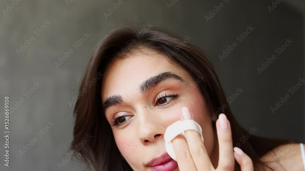 A woman demonstrates her makeup routine in a well-lit room. She applies foundation to achieve a smooth finish. Key techniques for blending and enhancing natural beauty are shown. A woman demonstrates her makeup routine in a well-lit room. She applies foundation to achieve a smooth finish. Key techniques for blending and enhancing natural beauty are shown.