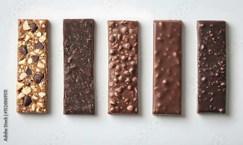 Delicious chocolate bar pieces arranged in row, showcasing various textures and flavors, including nuts and creamy layers, perfect for any chocolate lover