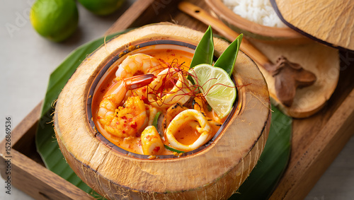 Spicy seafood tom yum soup served in a coconut shell