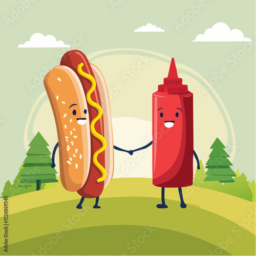 Hotdog and ketchup bottle handshake
