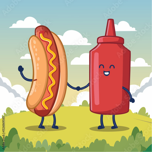 Hotdog and ketchup bottle handshake
