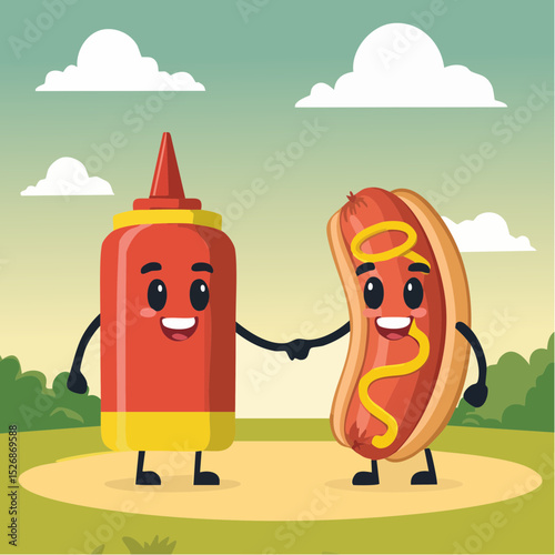 Hotdog and ketchup bottle handshake
