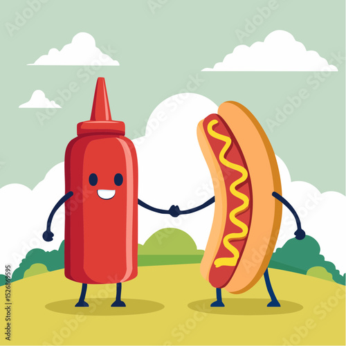 Hotdog and ketchup bottle handshake
