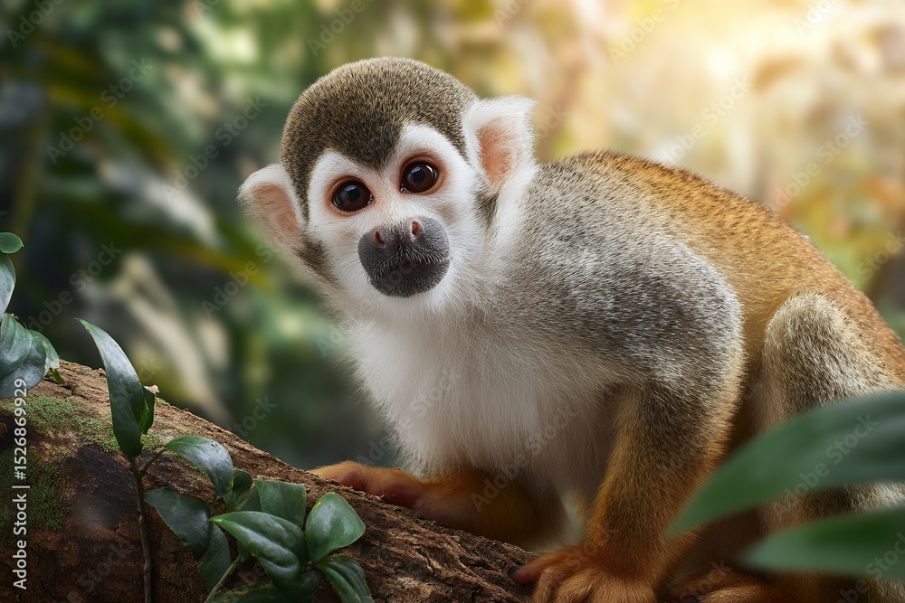 Obraz premium Squirrel monkey in lush jungle setting with sunlit background