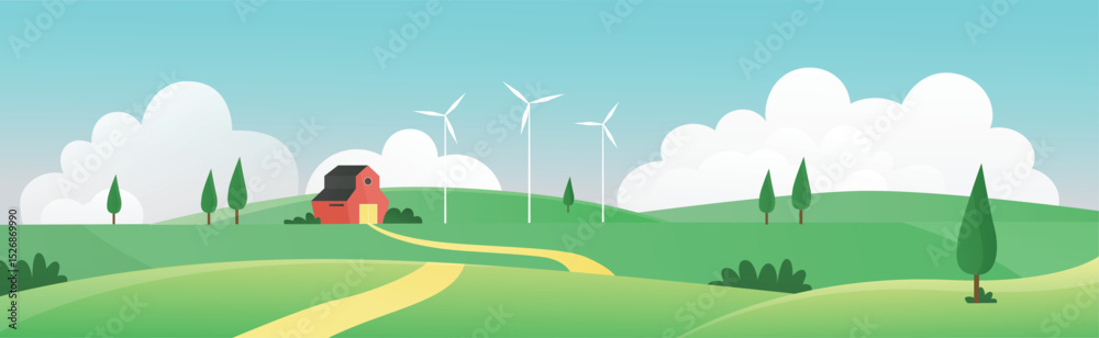 Obraz premium Farm summer wide panorama landscape vector illustration. Cartoon farmland countryside background scene with farmer house through green grass field, meadow hills.