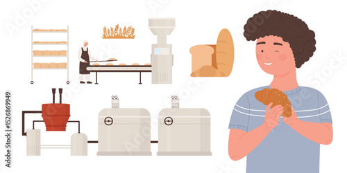 Bakery factory food industry, production process with baking bread vector illustration. Cartoon young boy character holding croissant baked product from bakery, baker chef worker cooking background
