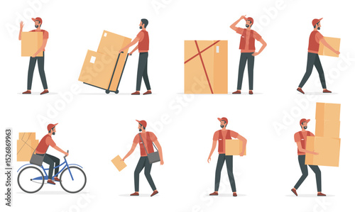 Courier people work in delivery service vector illustration set. Cartoon young deliveryman character holding cardboard box, man working, postman shipping postal parcel package isolated on white