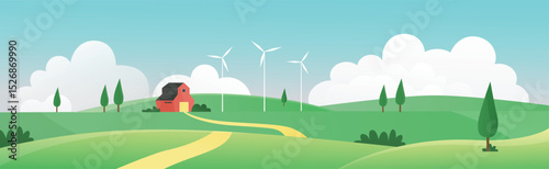 Farm summer wide panorama landscape vector illustration. Cartoon farmland countryside background scene with farmer house through green grass field, meadow hills.
