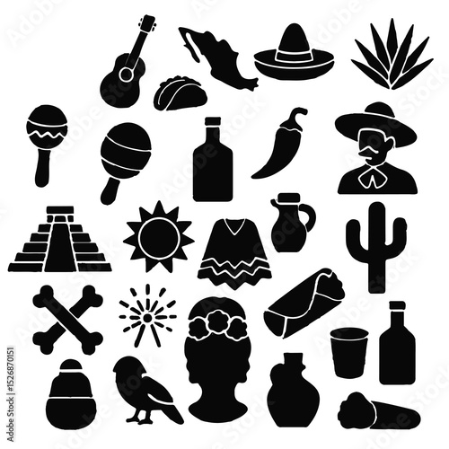 Collection of iconic mexican cultural elements in stylish black silhouettes for design projects