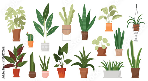 House plants grow in pots vector illustration set. Cartoon green houseplants growing in flowerpot or ceramic container, hanging in macrame of home garden, potted succulent cacti isolated on white