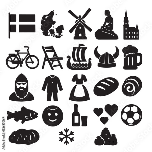 Iconic danish symbols and landmarks presented in a simple black and white vector illustration