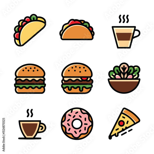 vector icons cooking food chef hat include a pizza slice, a sushi roll, spaghetti and meatballs, a curry bowl burger , fish 
