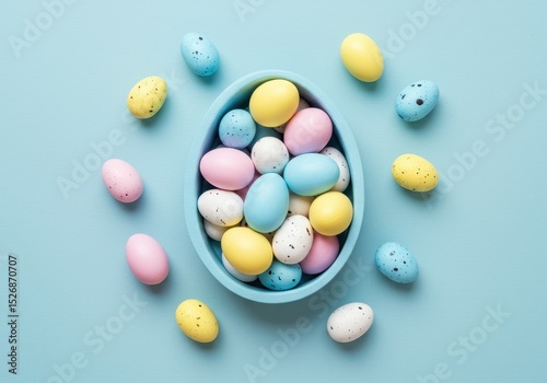 Pastel easter eggs nestled in a light blue bowl, surrounded by more eggs on a pale blue background