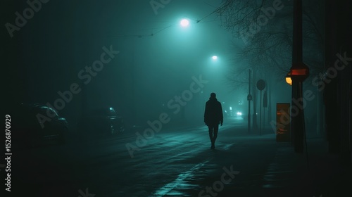 Mysterious figure walking on a foggy street at night Generative AI image