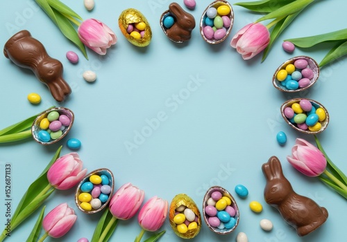 Pastel pink tulips and chocolate bunnies surround colorful candyfilled eggs on a light blue background
