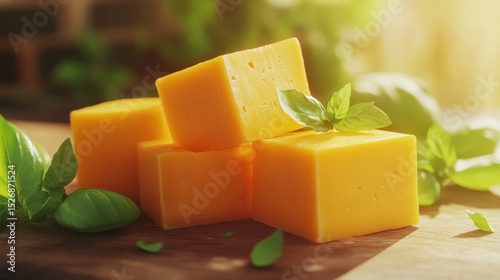 Tasty pieces of cheddar cheese and basil