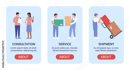 Warehouse work vector illustration banner set. Cartoon flat mobile app for warehousing company website, screen interface design with storage, control of loading and delivery distribution processes