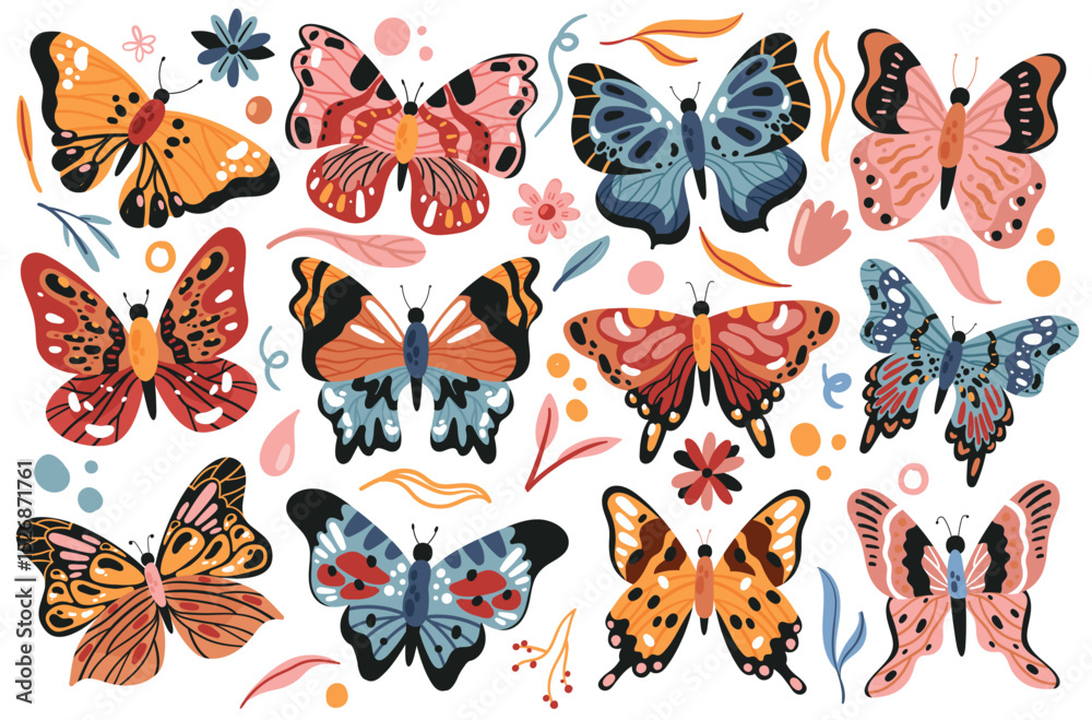 Obraz premium Butterfly flying set vector illustration. Cartoon colorful hand drawn butterflies fly collection with cute moth wings and insects, stylized spring summer flowers, flora leaves isolated on white
