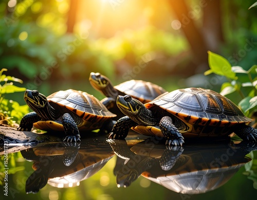 Three turtles in a pond, sunlight