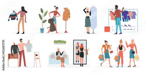 People choose fashionable clothes at home, fashion shop vector illustration set. Cartoon man woman characters holding clothes hanger, choosing what to wear, girls with shopping bags isolated on white