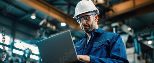 The professional worker using a laptop in an industrial manufacturing facility.