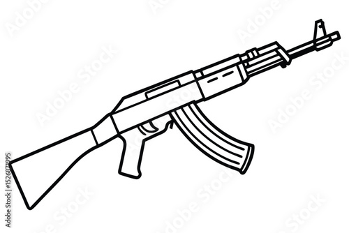 Line Art Illustration of an Assault Rifle Weapon Design and Military Imagery