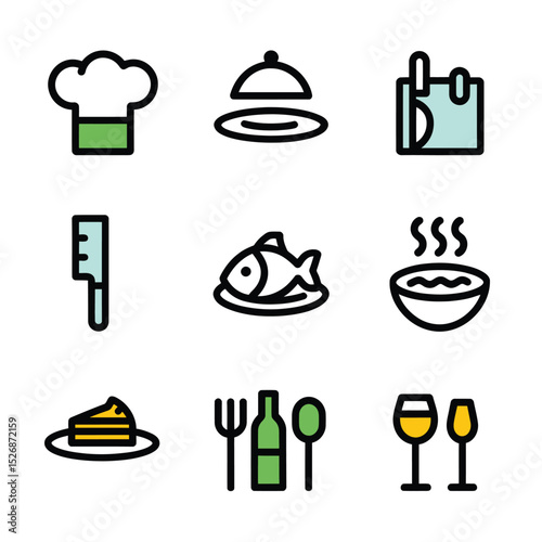vector icons cooking food chef hat include a pizza slice, a sushi roll, spaghetti and meatballs, a curry bowl burger , fish 
