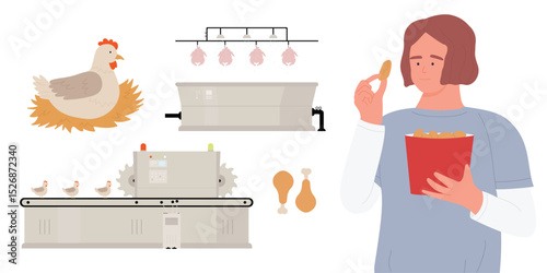 Chicken meat products vector illustration. Cartoon girl teen character eating chicken nuggets, production chain with farm chicks on factory conveyor belt equipment, poultry food industry background
