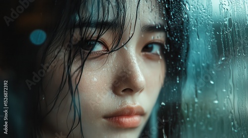 Close-up portrait of a sad Asian woman looking through rainy window glass