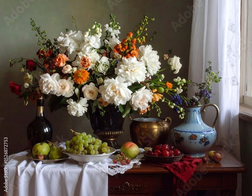Still life of flowers and fruit (1)