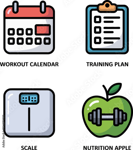 Workout routine icons. Exercise calendar, gym training chart, scale track, apple symbol, and dumbbell plan  