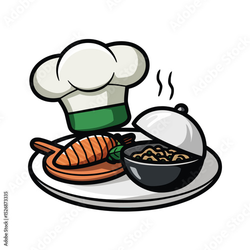 vector icons cooking food chef hat include a pizza slice, a sushi roll, spaghetti and meatballs, a curry bowl burger , fish 
