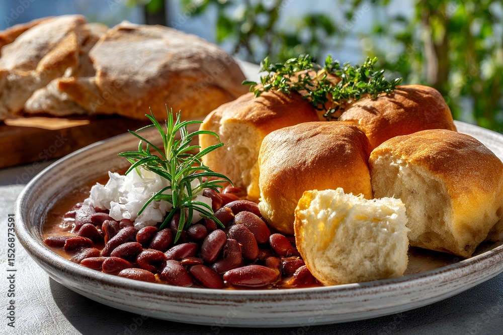 Fresh buns and red beans with herbs on rustic plate outdoors Fresh buns and red beans with herbs on rustic plate outdoors