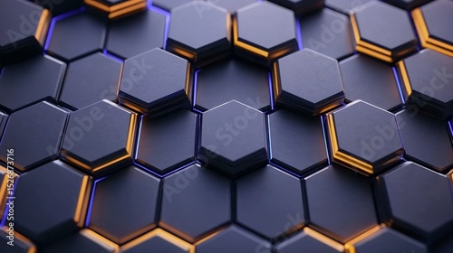 Futuristic dark technology background with a hexagonal surface and glowing blue and orange neon lights
