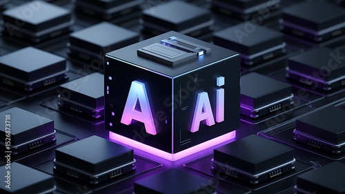 Close up of a black cube with the letters ai on it surrounded by black square components