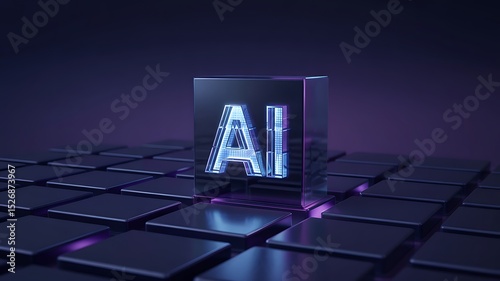 A glowing ai logo on a cube sitting on a grid of squares against a dark purple background