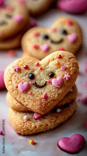 Valentine’s day cookies with hearts on them and sprinkles on the table food background vertical background