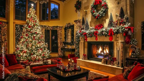 Cozy Christmas living room with decorated tree and fireplace creates holiday cheer