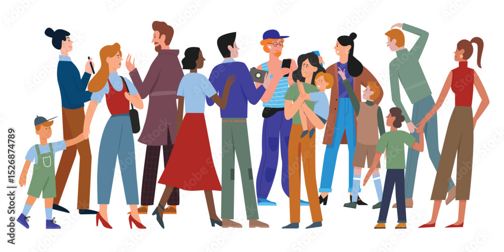 Fototapeta premium People walk in crowd vector illustration. Cartoon different ages and multiethnic diverse crowd group of man and woman characters in casual clothes walking, holding smartphone isolated on white