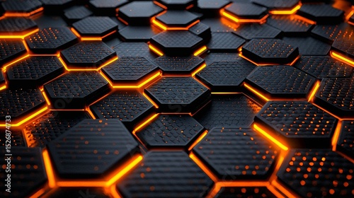 Futuristic technology background with a black carbon fiber hexagonal pattern and glowing orange lava-like energy
