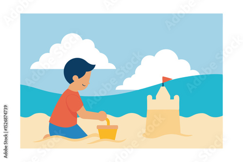 Beach Day Fun Child Building a Sandcastle on the Seashore