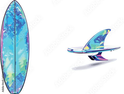 Colorful abstract design of a surfboard and fin on a white background for summer recreation.