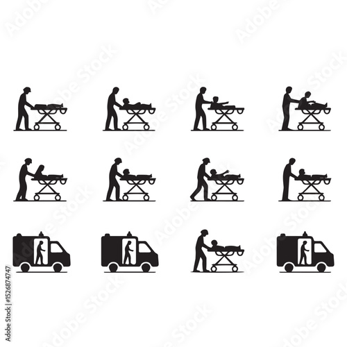 Collection of black silhouette icons depicting various construction vehicles and machinery, including trucks, tractors, excavators, forklifts, cranes, and bulldozers, alongside hospital worker sil