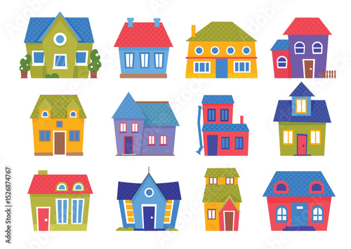 Cute small houses in town or village vector illustration set. Cartoon various houses facade collection, colorful building cottage with door, window and chimney on roof, front view isolated on white