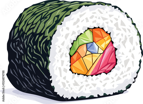 Colorful artistic illustration of a delicious sushi roll with geometric fill and tasty ingredients.